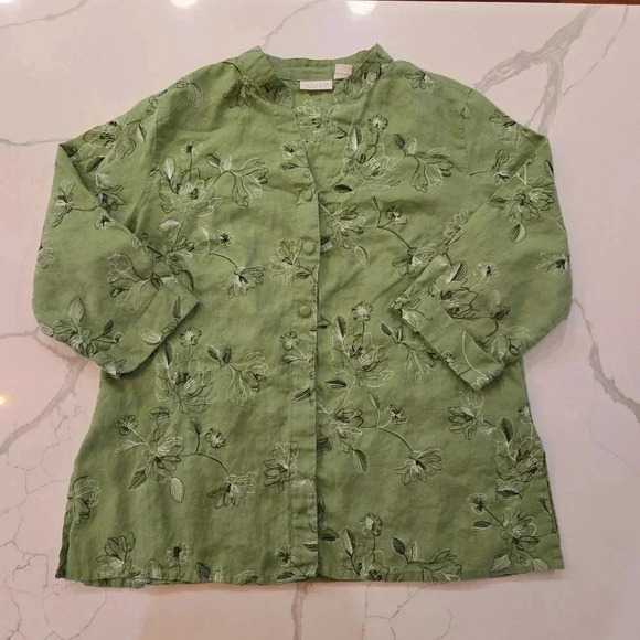 Tweeds Embroidered Floral Linen Button Down Tunic Green Womens Size 1X - Picture 3 of 12
